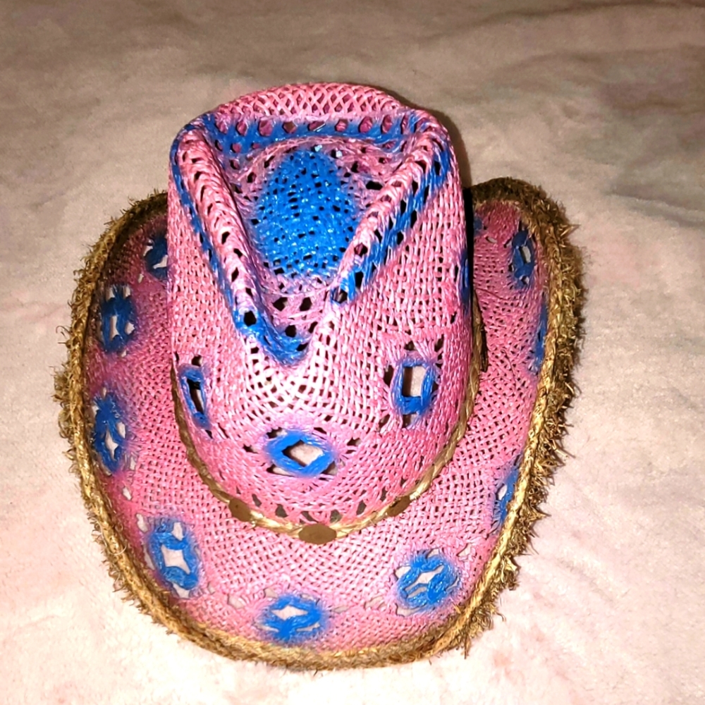 Pink and Blue Crochet Cowboy Hat. New Without Tags